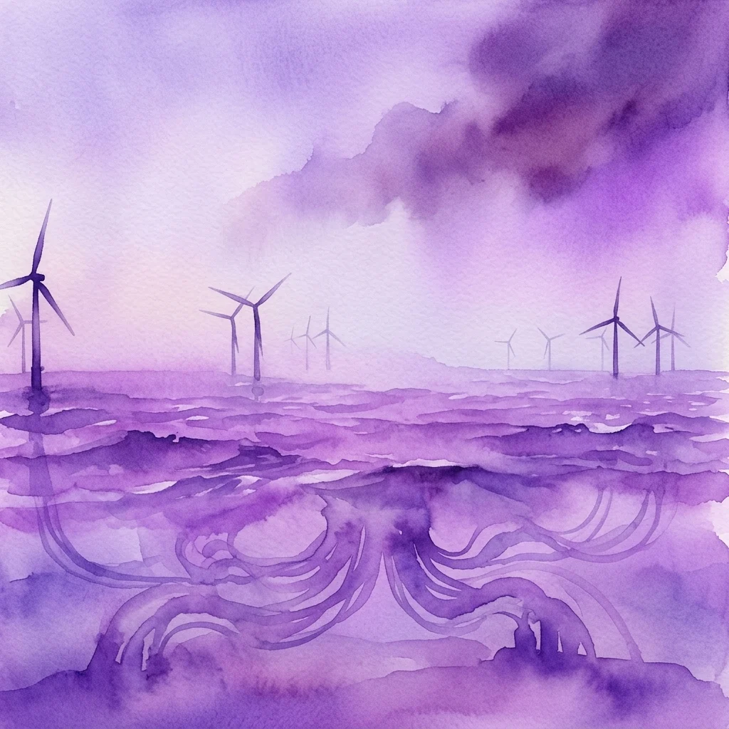 Akwarelowa ilustracja morskich turbin wiatrowych i kabli podwodnych w zamglonym fioletowym morzu na wystawę „Document Netherlands: New Energy” w Rijksmuseum.