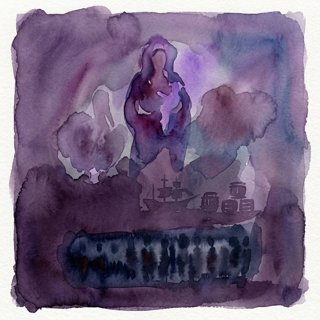 Een somber aquarel dat een centrale figuur, een schip, tonnen en ge silhouetteerde figuren afbeeldt, die de Nederlandse koloniale geschiedenis, handel, uitbuiting en slavernij symboliseren.