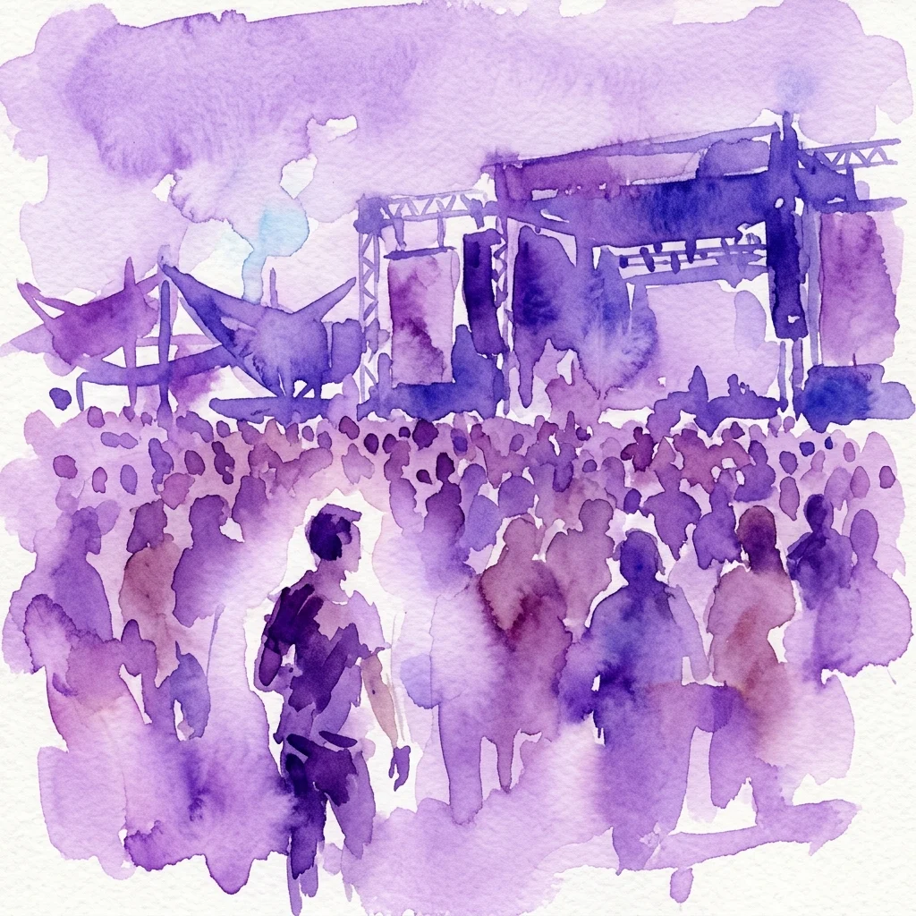 Ilustracja akwarelowa sceny festiwalu muzycznego z samotną postacią na pierwszym planie, otoczoną przez tłum w świetle sceny, wykonana w odcieniach fioletu.