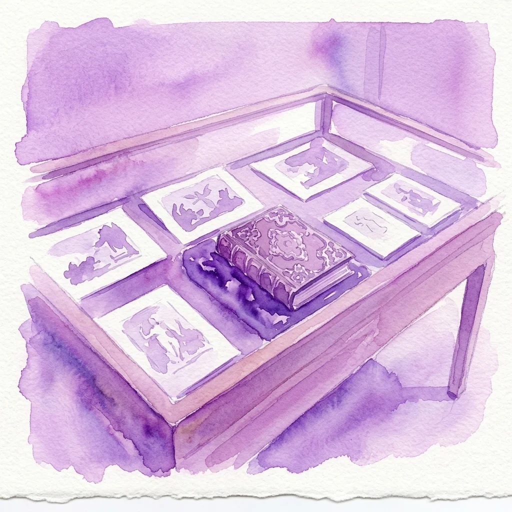 Akwarelowa ilustracja gabloty z zabytkowymi grafikami i ozdobną oprawą na aksamicie w Gabinecie Rycin Rijksmuseum.