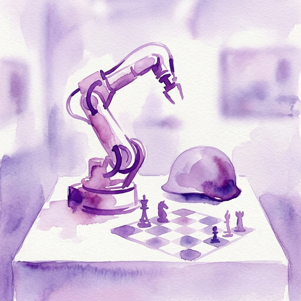 Een aquarelillustratie van een vintage industriële robotarm die schaak speelt met een soldatenhelm op een galerietafel, wat het thema 'Mens en machine in een tijdperk van wereldoorlogen' symboliseert.