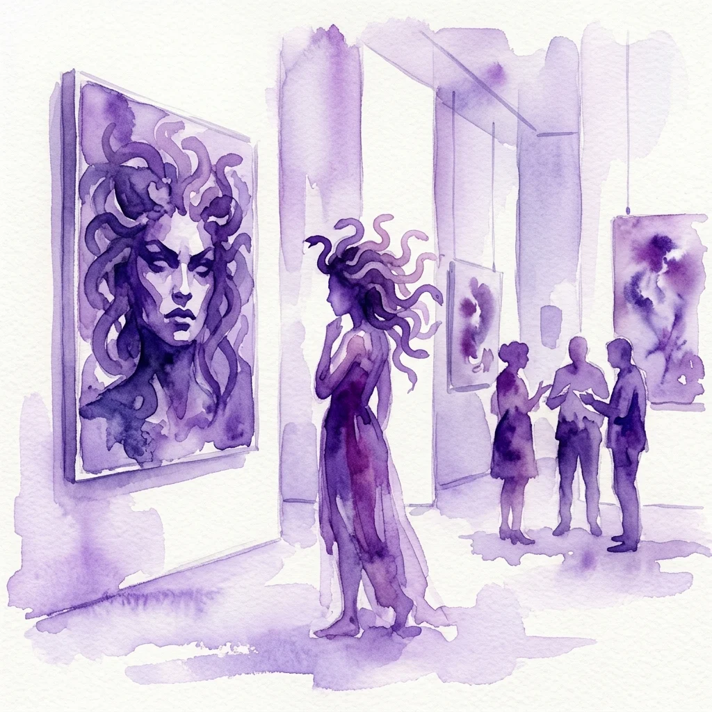 Ilustracja akwarelowa sceny w galerii przedstawiająca duży portret Meduzy z wężowymi włosami, z kobietą w fioletowej sukience stojącą przed nim i innymi zwiedzającymi dyskutującymi o sztuce w tle.