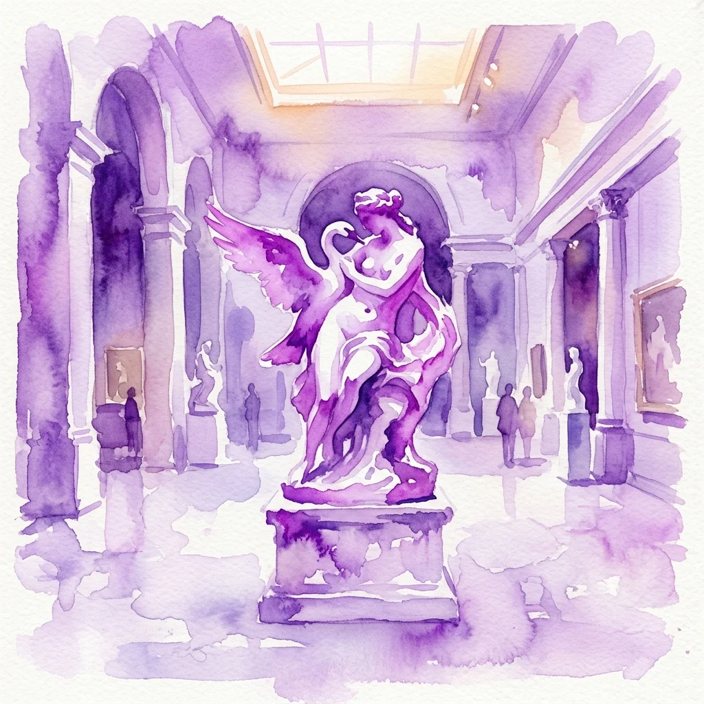 A watercolor painting of a classical statue in a museum gallery, depicting a mythological figure with wings embracing another figure, set against a purple-hued interior with arches and soft lighting.