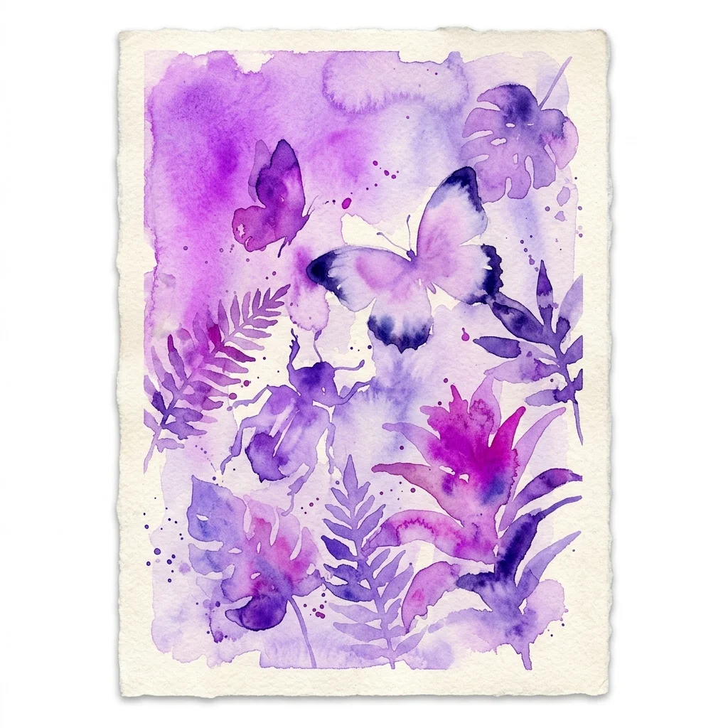 Een aquarelillustratie van paarse en magenta vlinders en tropische planten op gestructureerd papier, geïnspireerd door de naturalist-kunst van Maria Sibylla Merian.