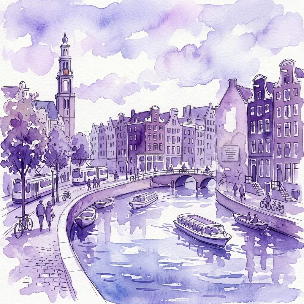 Ilustracja akwarelowa przedstawiająca kanał w Amsterdamie, z tradycyjnymi holenderskimi budynkami, tramwajem, łodziami i spacerującymi ludźmi, wykonana w odcieniach fioletu i błękitu.