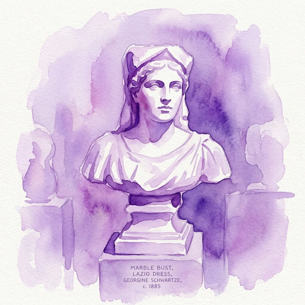 Watercolor illustration of a marble bust of Francesca Riozzi-Gualano in traditional Lazio dress by Georgine Schwartze, c. 1885, displayed on a pedestal.