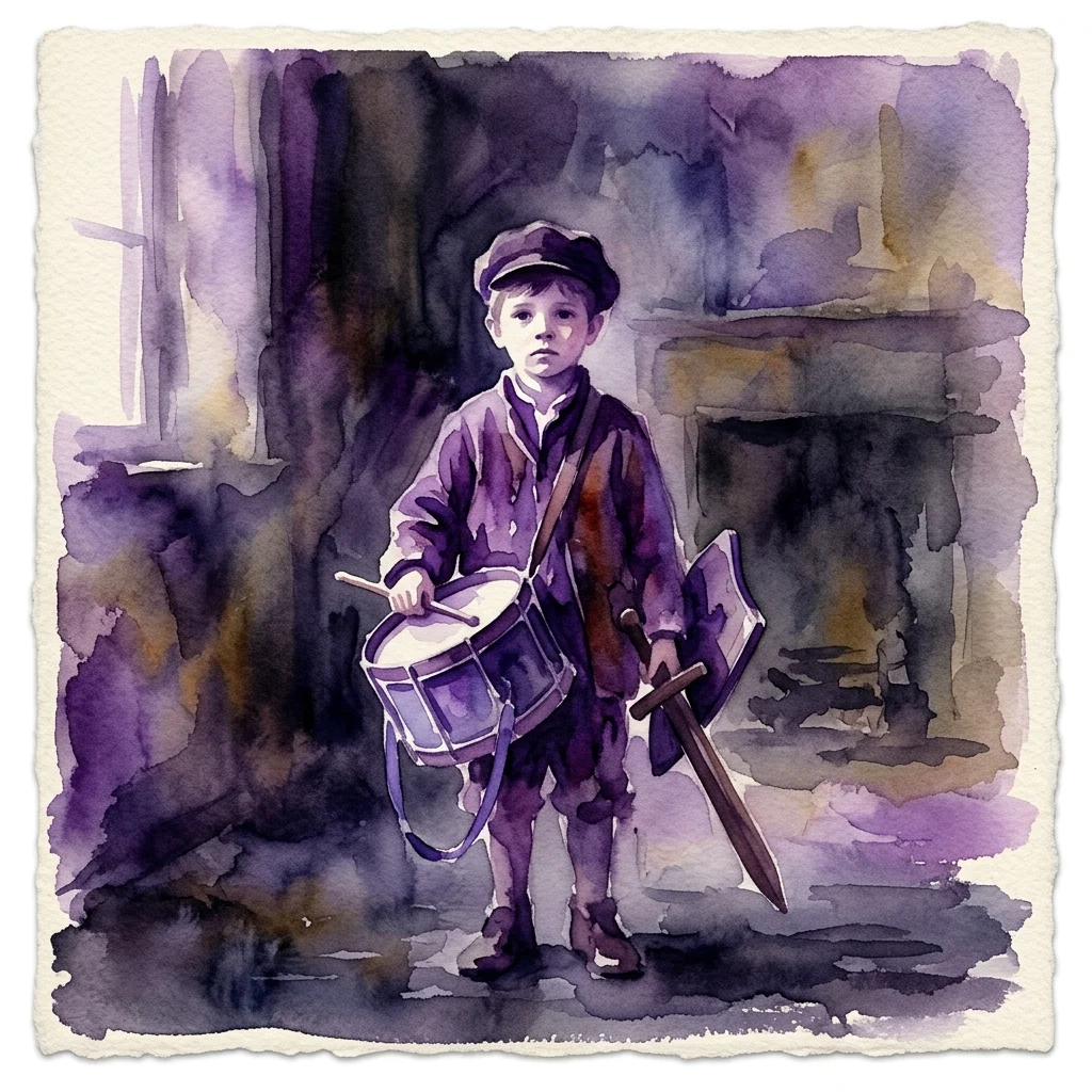Watercolor portrait of a young boy in historical attire holding a drum and toy sword, depicting Moses ter Borch as a two-year-old child in a memorial painting by Gesina ter Borch.