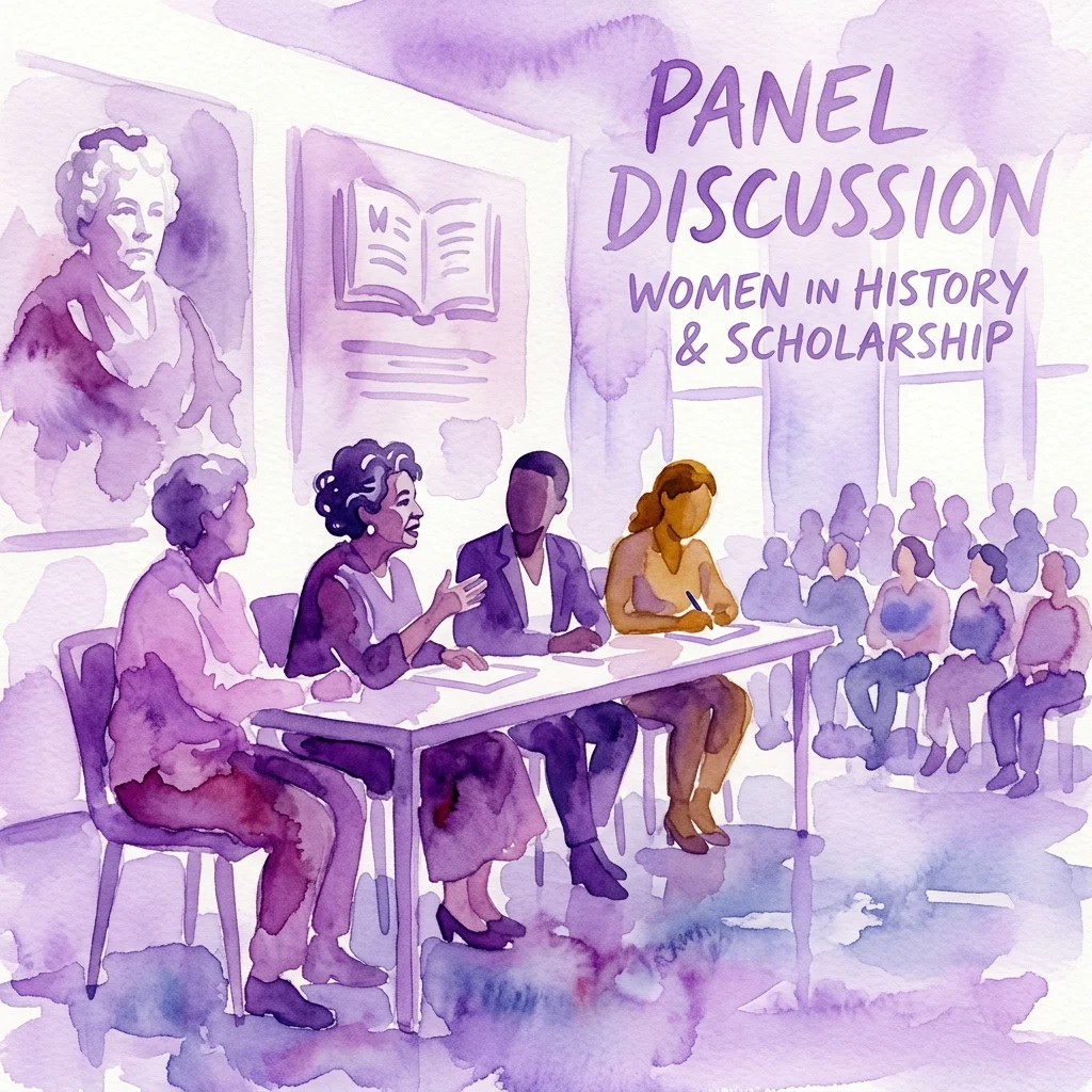 Ilustracja akwarelowa panelu dyskusyjnego na sympozjum „Kobiety w historii i nauce” (Women in History & Scholarship), przedstawiająca zróżnicowanych prelegentów przy stole w otoczeniu publiczności, w muzealnej sali wykładowej z historycznymi portretami i książkami w tle.