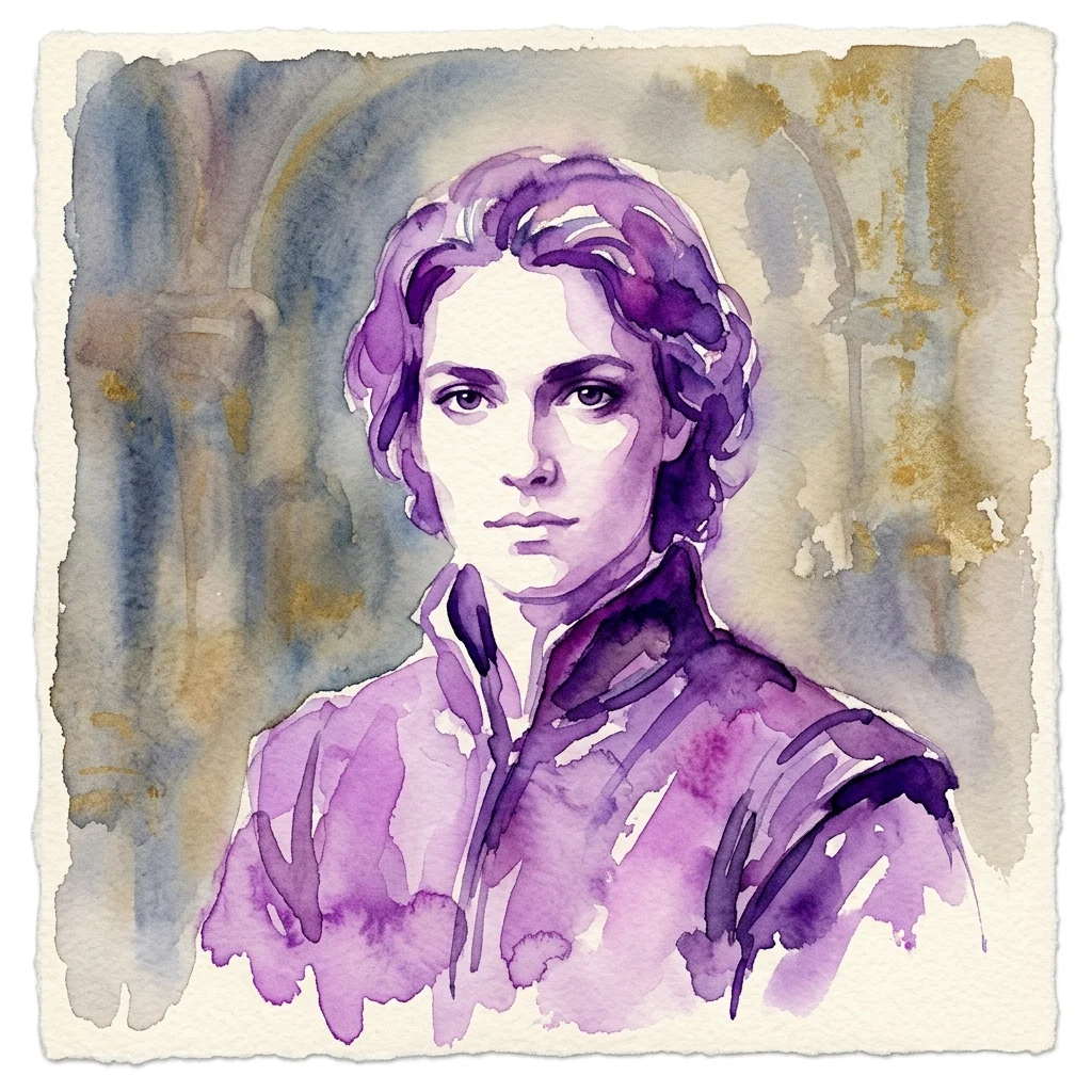 Portret akwarelowy osoby z kręconymi włosami, namalowany w odcieniach fioletu i błękitu, nawiązujący stylistyką do portretów renesansowych.