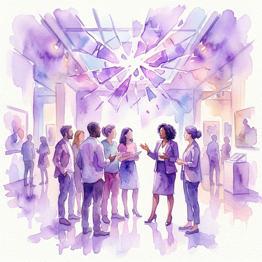 A watercolor illustration of diverse museum professionals discussing in a gallery with a shattered ceiling motif, symbolizing the 'Shattered Ceilings' symposium on gender diversity in museums.