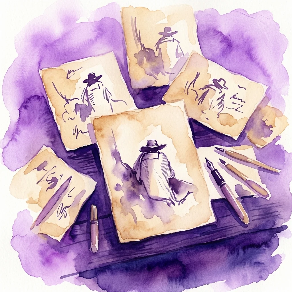 Akwarelowa ilustracja postarzanych kartek papieru ze szkicami postaci w kapeluszach z szerokim rondem, obok wiecznych piór i przyborów kreślarskich na drewnianym stole.