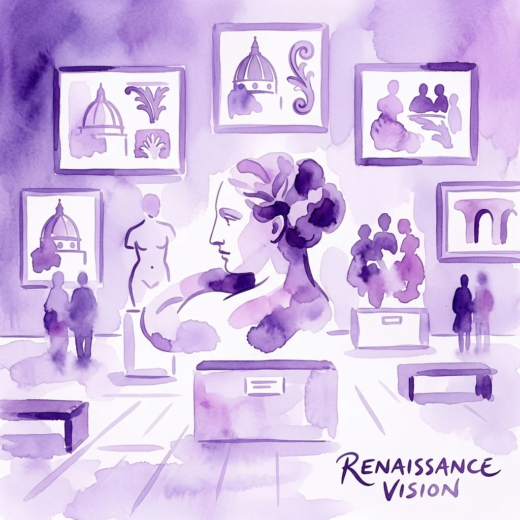 Una ilustración en acuarela morada de una galería de arte que presenta dibujos, esculturas y visitantes del Renacimiento italiano enmarcados, con el texto 'Renaissance Vision' en la esquina.