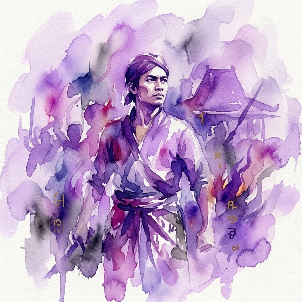 Ilustracja akwarelowa Surapatiego, jawajskiego przywódcy ruchu oporu, przedstawionego z zdeterminowaną miną, otoczonego postaciami i tradycyjnym budynkiem, symbolizującą jego walkę z holenderskim panowaniem kolonialnym.