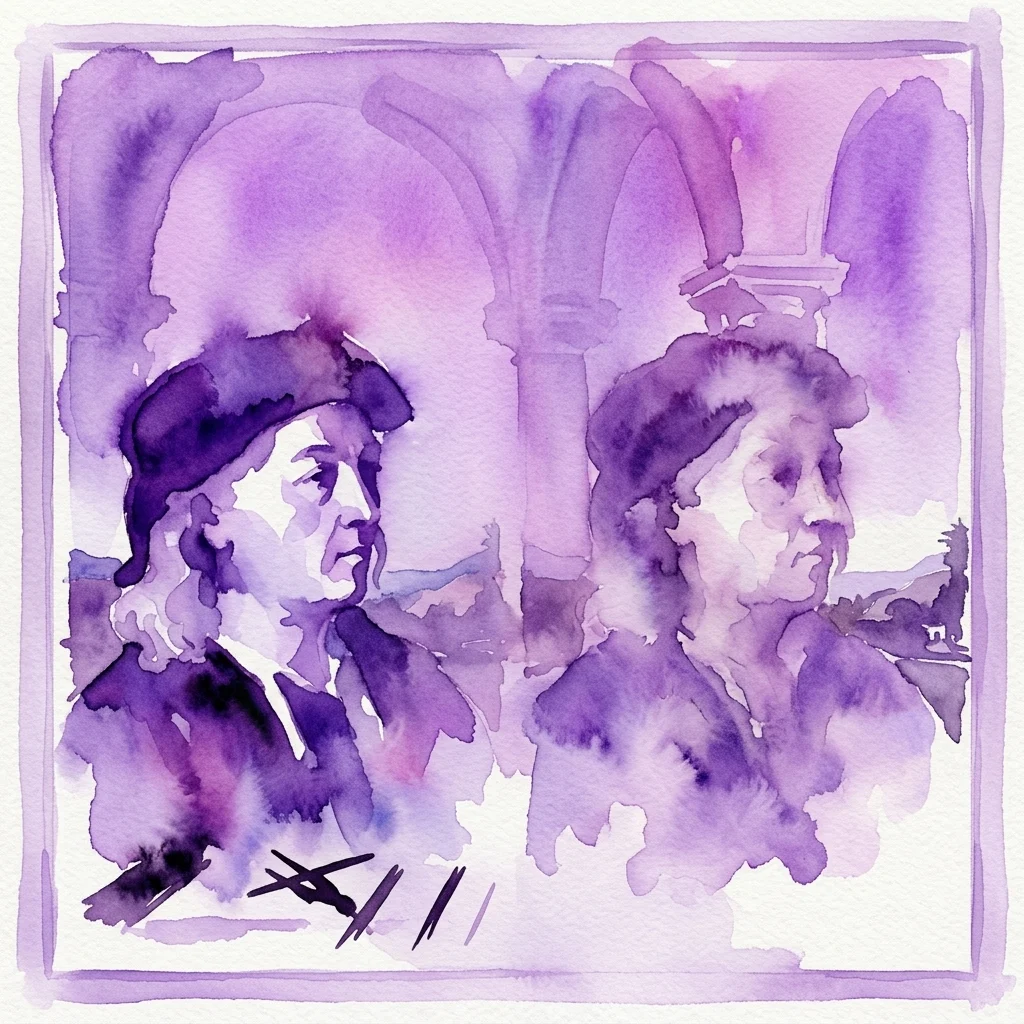 A purple watercolor illustration of two Renaissance portraits, likely of a Florentine architect and his father, displayed in a museum setting.