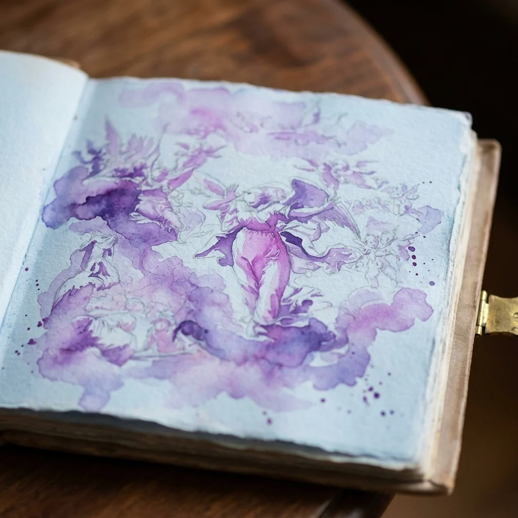 Zbliżenie na otwarty XVII-wieczny szkicownik z fioletowymi rysunkami akwarelowymi przedstawiającymi postacie na niebieskim papierze, z wystawy Van Eeghen Drawing Book.