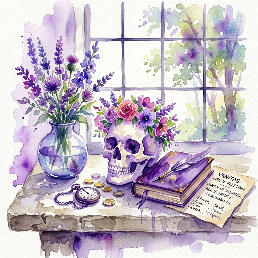 Een aquarel stillevenschilderij met een schedel versierd met bloemen, een vaas lavendel, munten, een boek, een zakhorloge en een briefje met de tekst 'Vanitas: Het leven is vergankelijk', geplaatst op een stenen tafel bij een raam, die sterfelijkheid en de kortstondige aard van het leven symboliseert.