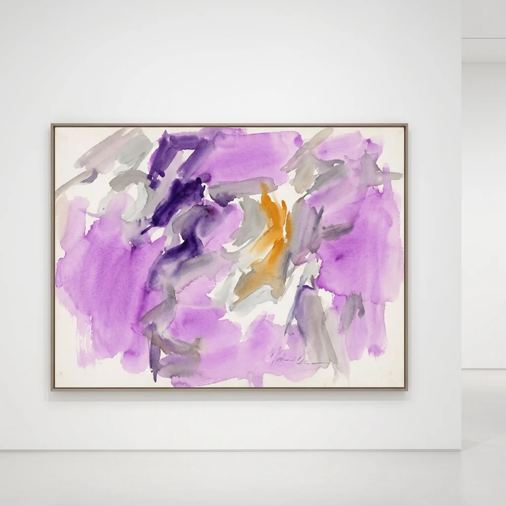 Oprawiony obraz abstrakcyjny z zamaszystymi fioletowymi, szarymi i ochrowymi pociągnięciami pędzla, wyeksponowany na białej ścianie galerii podczas wystawy Willem de Kooning at work.