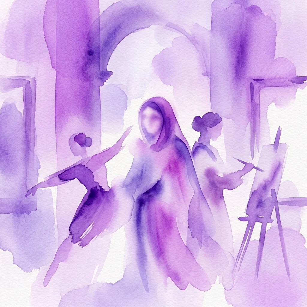 A purple watercolor illustration of women in artistic poses, including a dancer and an artist at an easel, symbolizing women's contributions to art and history.