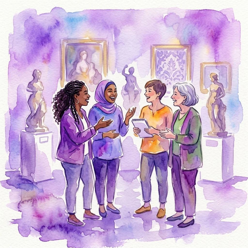 Ilustracja akwarelowa przedstawiająca cztery różnorodne kobiety w trakcie rozmowy w galerii muzealnej, otoczone klasycznymi rzeźbami i oprawionymi dziełami sztuki.