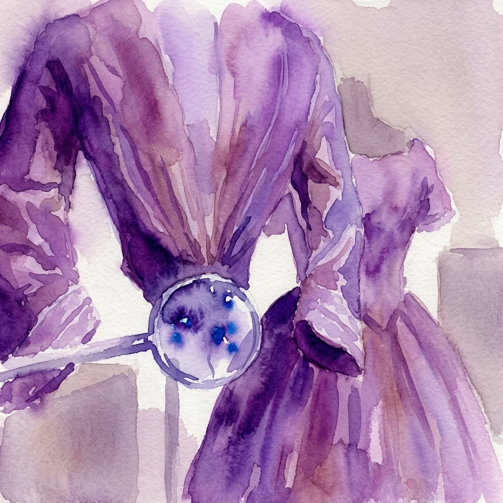 Watercolor illustration of a purple historical garment with a magnifying glass, highlighting details of wear and repair from the WORN exhibition at the Rijksmuseum.
