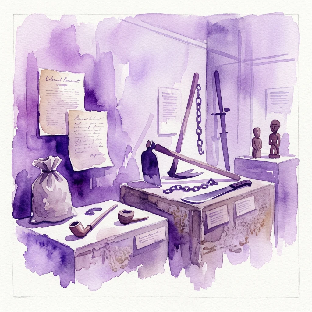 Een aquarelillustratie van een museumtentoonstelling over slavernij, met koloniale documenten, kettingen, een tas, pijpen en houten figuren, weergegeven in een sombere, paars getinte galerie.