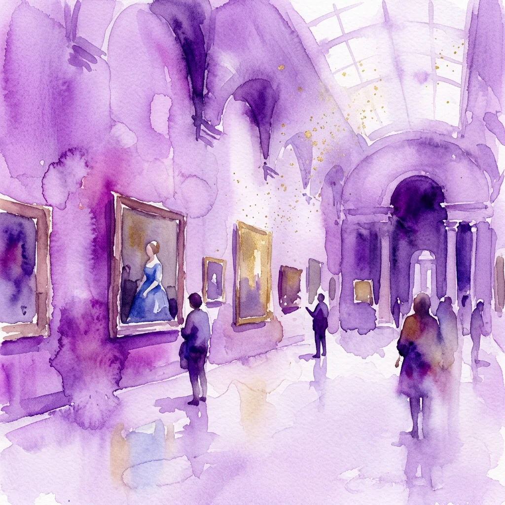 Een aquarelillustratie van een museumgalerij met bezoekers die schilderijen bekijken, waaronder een prominent portret van een vrouw in een blauwe jurk, in de stijl van Vermeers huiselijke scènes.