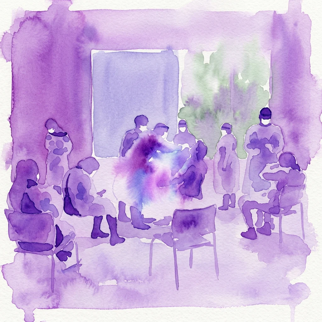 Una ilustración en acuarela en tonos púrpuras que representa figuras con equipo de protección, simbolizando la distancia y el aislamiento durante la pandemia de COVID-19 en los Países Bajos.