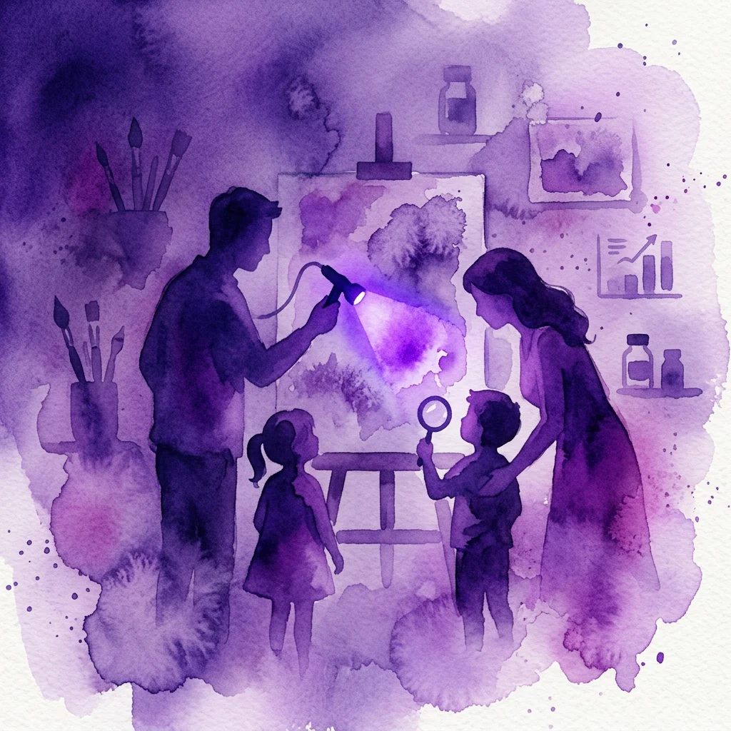 A family using UV lights and magnifying glasses to examine artworks in a museum research lab, part of the Mission Masterpiece interactive exhibition at the Rijksmuseum.