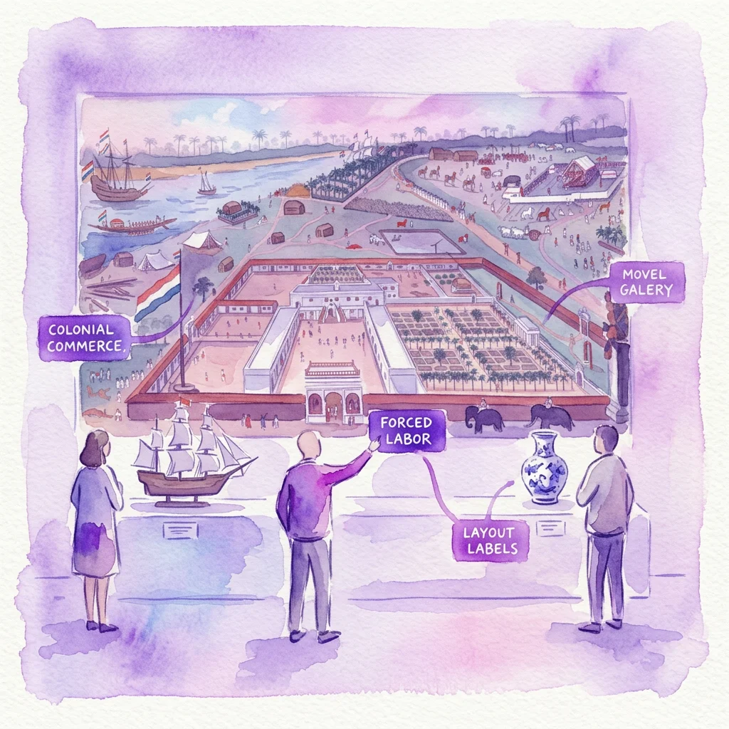 Illustration of a museum gallery with visitors observing a large display about colonial slavery, featuring labels on colonial commerce, forced labor, and layout labels, with a watercolor depiction of a colonial settlement in the background.
