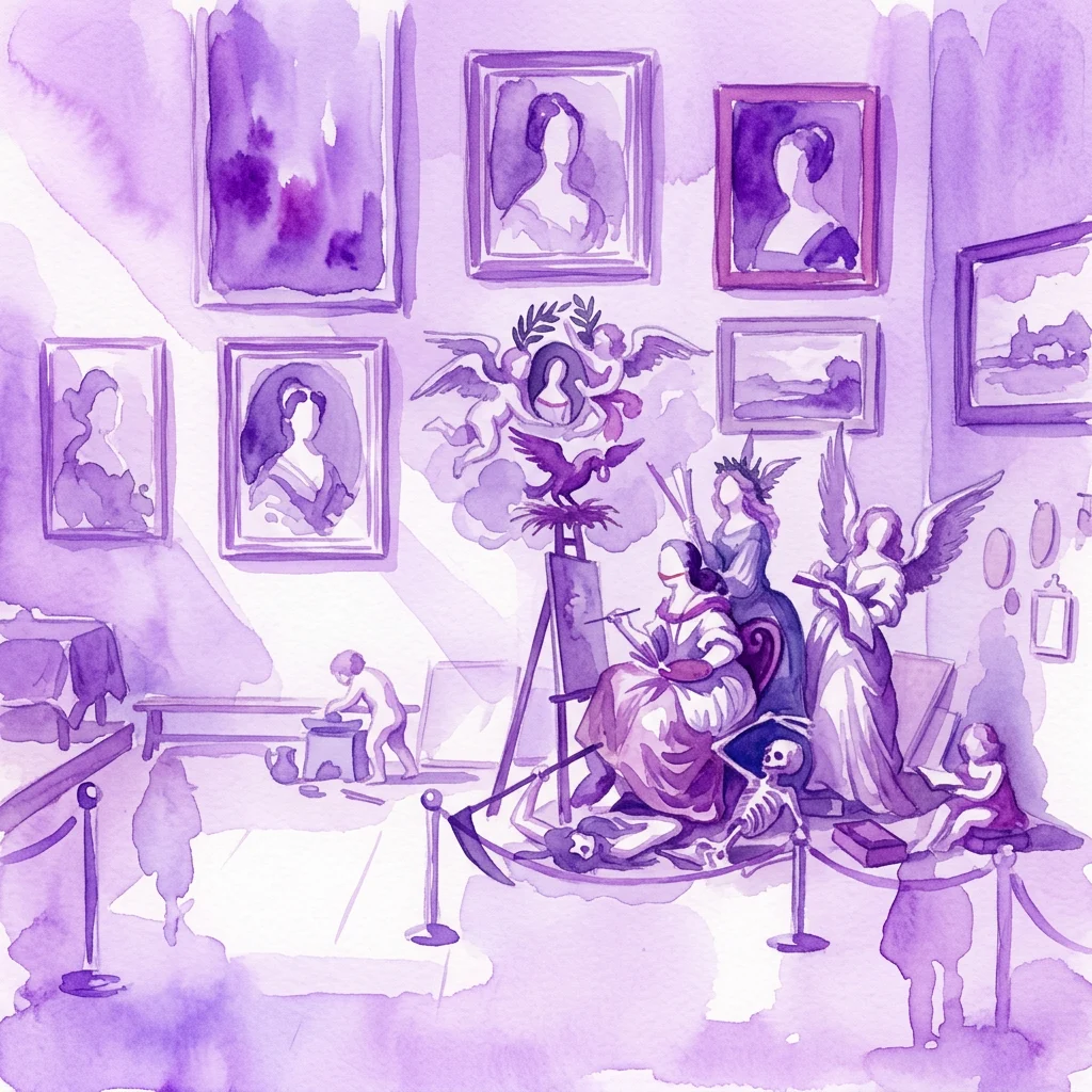Una ilustración en acuarela de una galería de arte que presenta retratos y obras de arte enmarcadas de artistas femeninas, con visitantes observando la exposición en un ambiente teñido de púrpura.