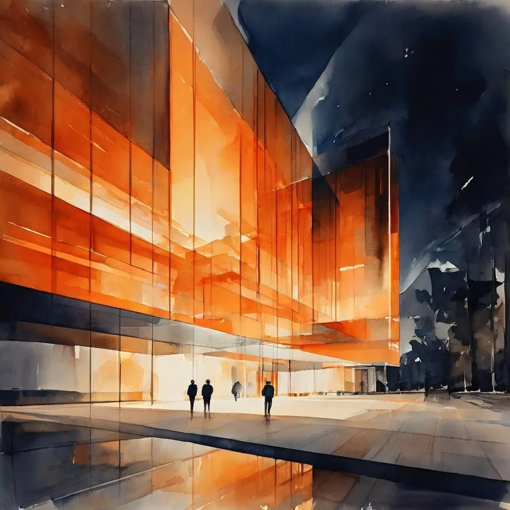 Nowoczesny budynek architektoniczny w nocy, oświetlony dynamicznymi, miękkimi białymi snopami światła tworzącymi ewoluujące wzory na jego fasadzie, reprezentujący instalację Hermana Kujiera w Centrum Kolekcji Rijksmuseum.
