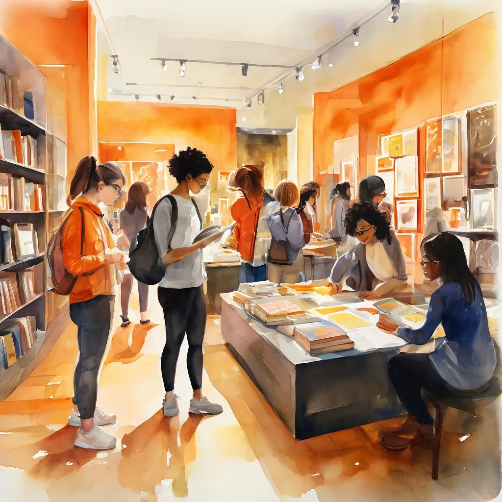 Un grupo diverso de jóvenes adultos colaborando en el luminoso y moderno departamento de educación de un museo en el Rijksmuseum, rodeados de libros de historia del arte y exposiciones interactivas, transmitiendo una sensación de oportunidad e inclusividad.