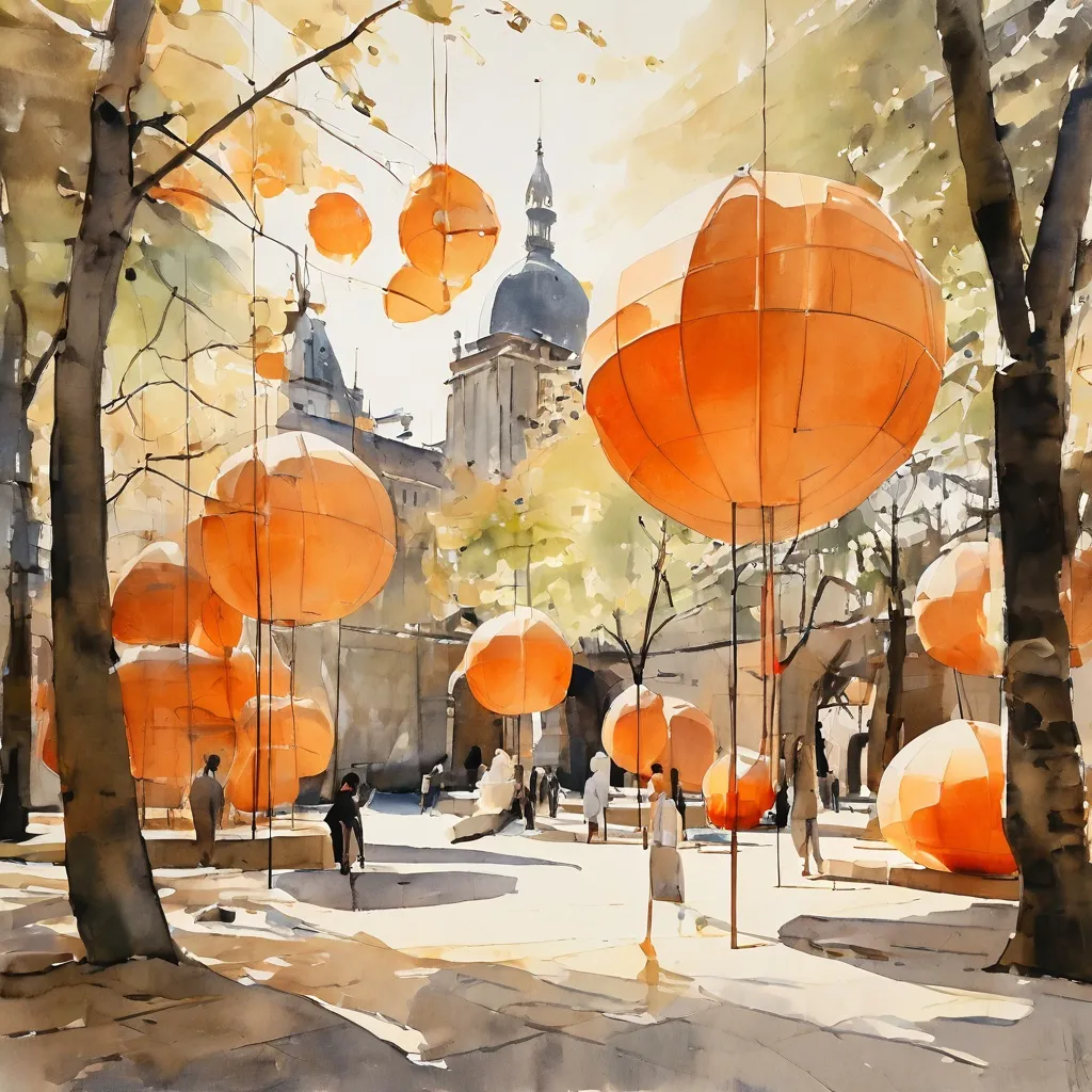 Abstract stone and bronze sculptures by Isamu Noguchi displayed serenely within the manicured Rijksmuseum Gardens, complemented by softly glowing Akari paper lanterns.