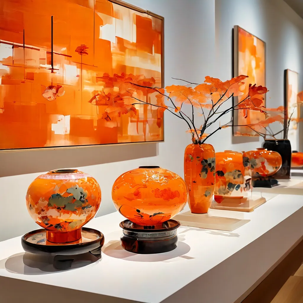 Una presentación artística de diversos objetos de laca japonesa, resaltando sus intrincados diseños y vibrantes colores, expuestos elegantemente dentro del Pabellón Asiático del Rijksmuseum.