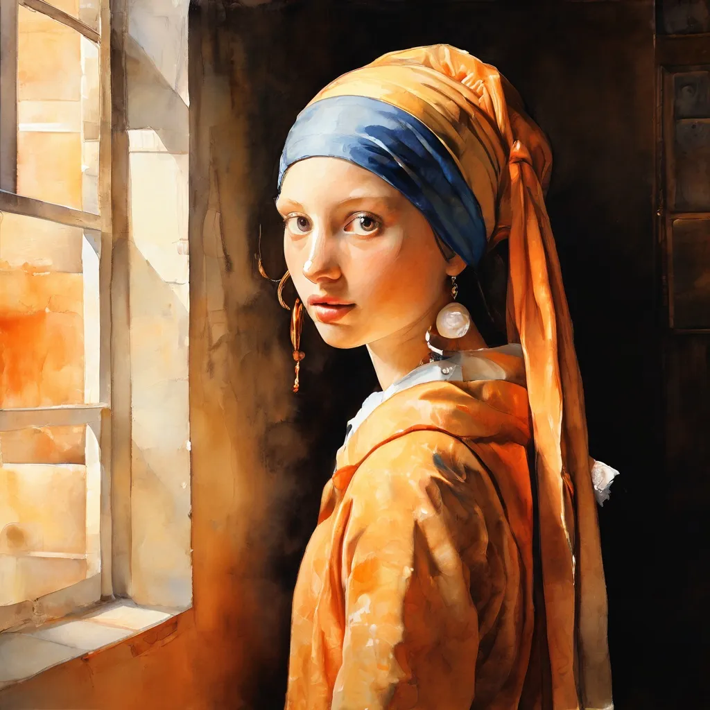Una representación detallada y atmosférica de 'La joven de la perla' de Vermeer dentro del Rijksmuseum, destacando las texturas y la mirada enigmática, ambientada contra un fondo de galería sutilmente renderizado.