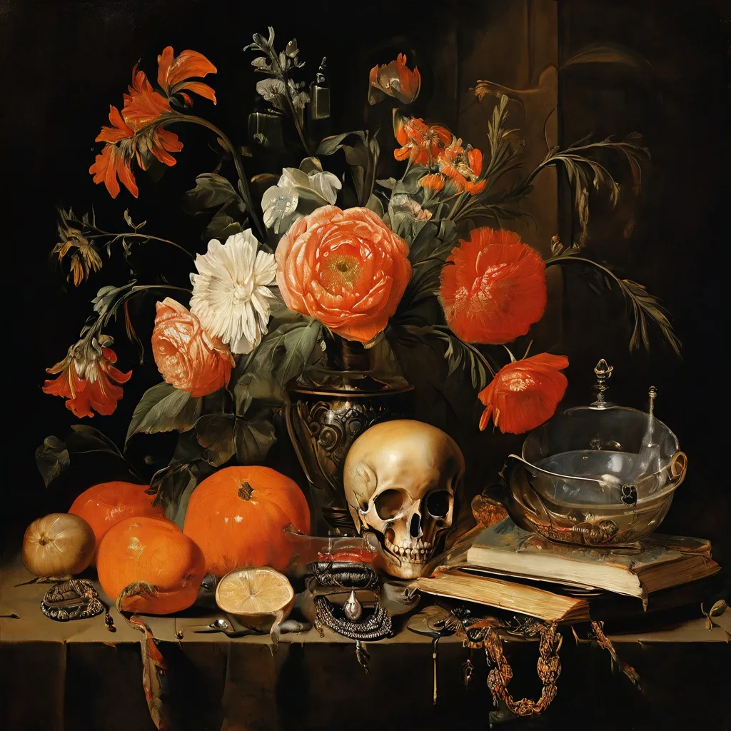 A Dutch Golden Age 'vanitas' still life painting displayed in the Rijksmuseum's Gallery of Honour, featuring flowers, a skull, and religious texts.