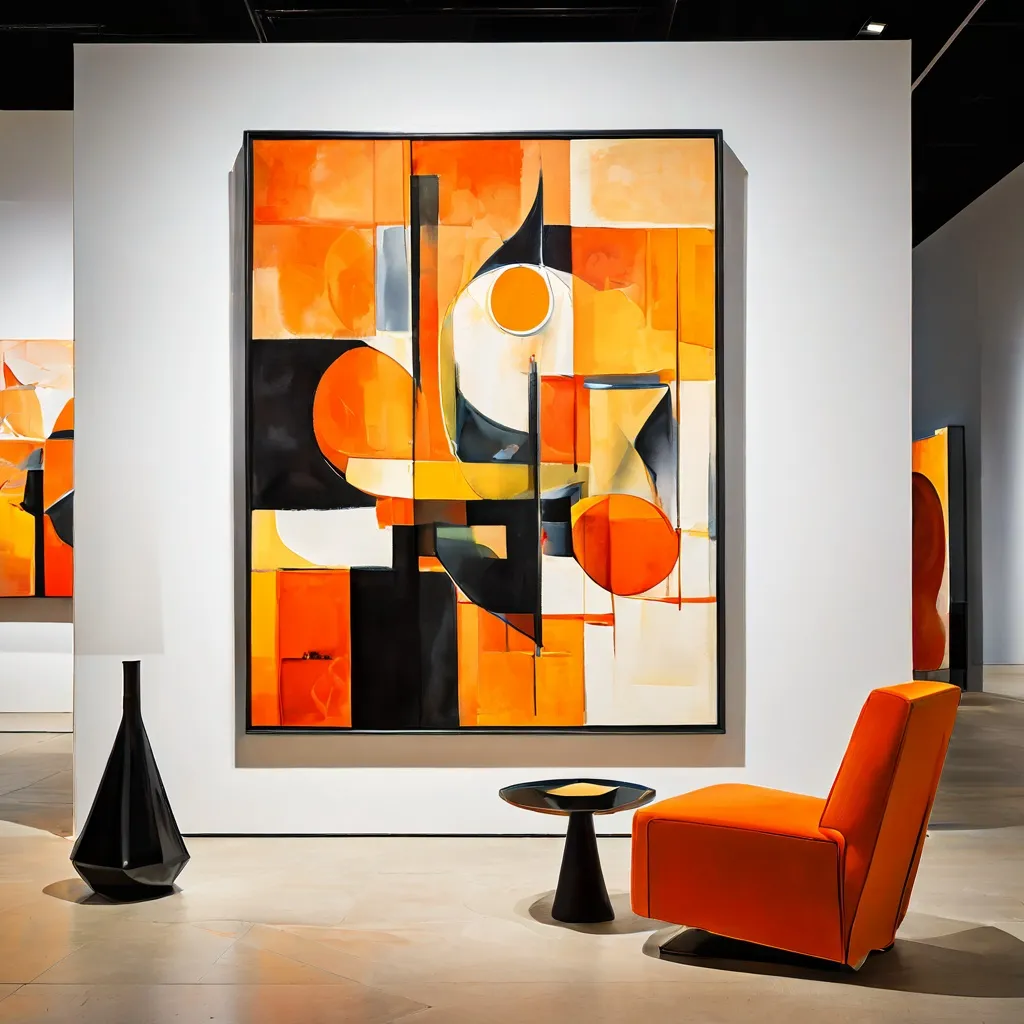Una composición abstracta dinámica con líneas y formas geométricas en blanco, negro y sutiles acentos de color, expuesta en la galería de arte moderno del Rijksmuseum.