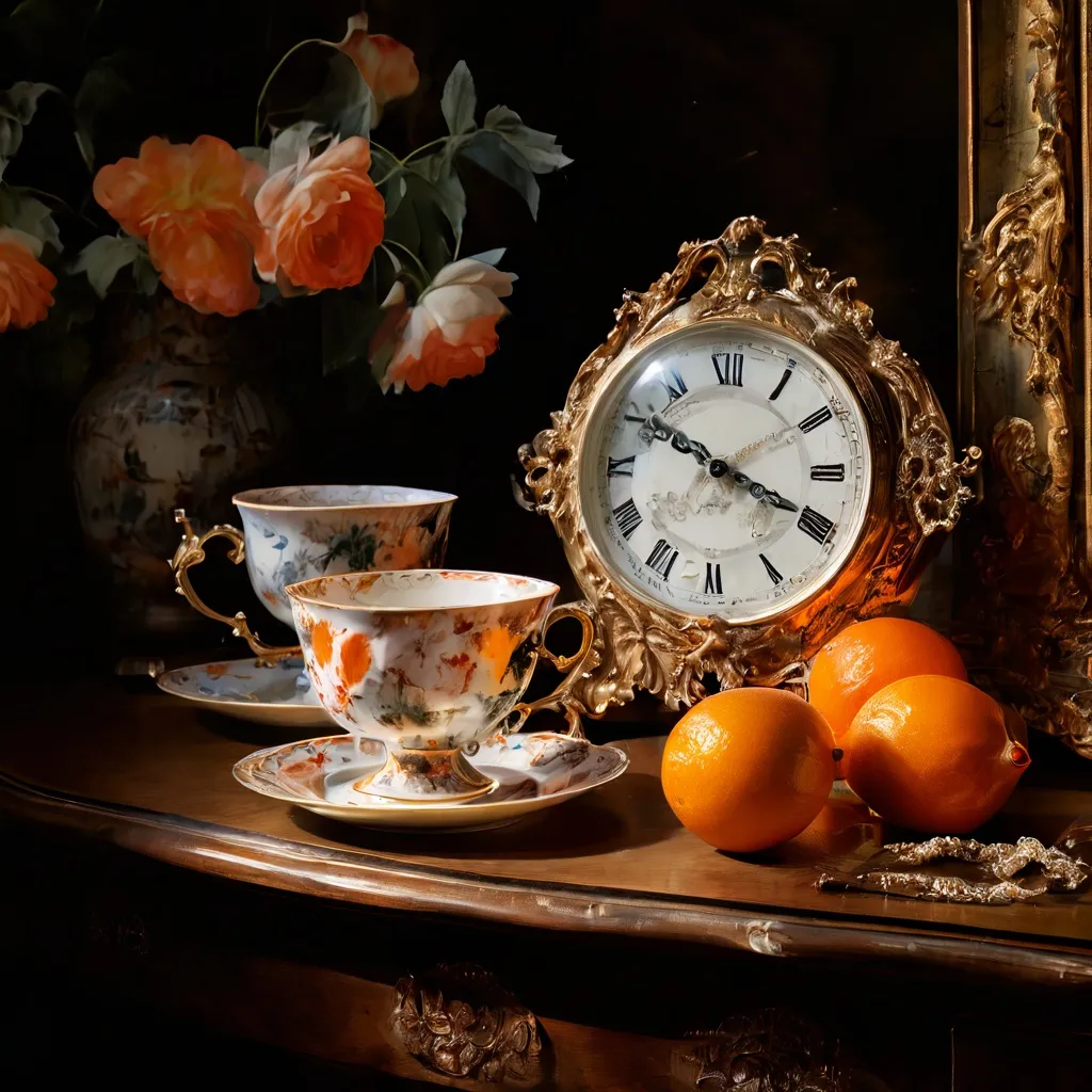Szczegółowy widok wykwintnych filiżanek do herbaty i zegara z porcelany miśnieńskiej z XVIII wieku, wyeksponowanych w muzeum, podkreślający ich historyczne rzemiosło.