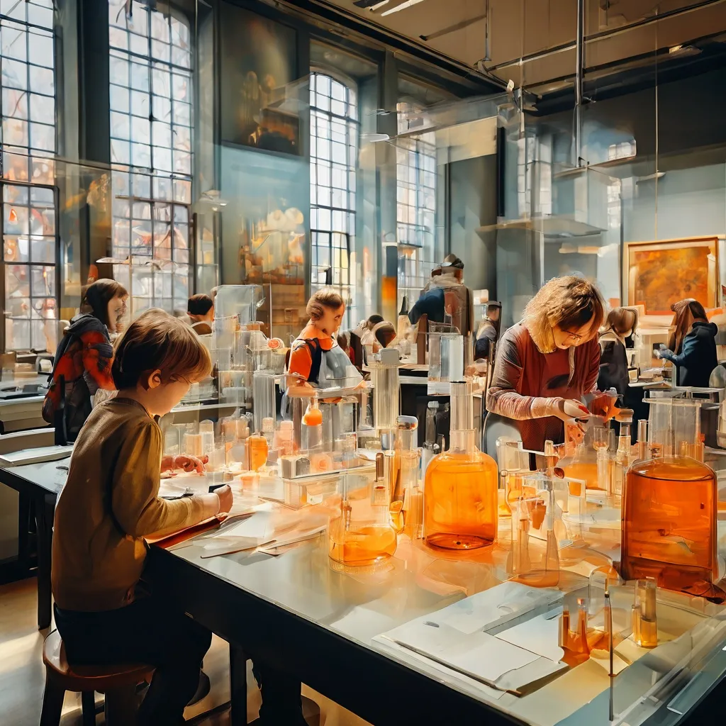 Gezinnen die wetenschappelijk kunstonderzoek doen in de speciaal ontworpen onderzoekslaboratoria van de Missie Meesterwerk-tentoonstelling in het Rijksmuseum.