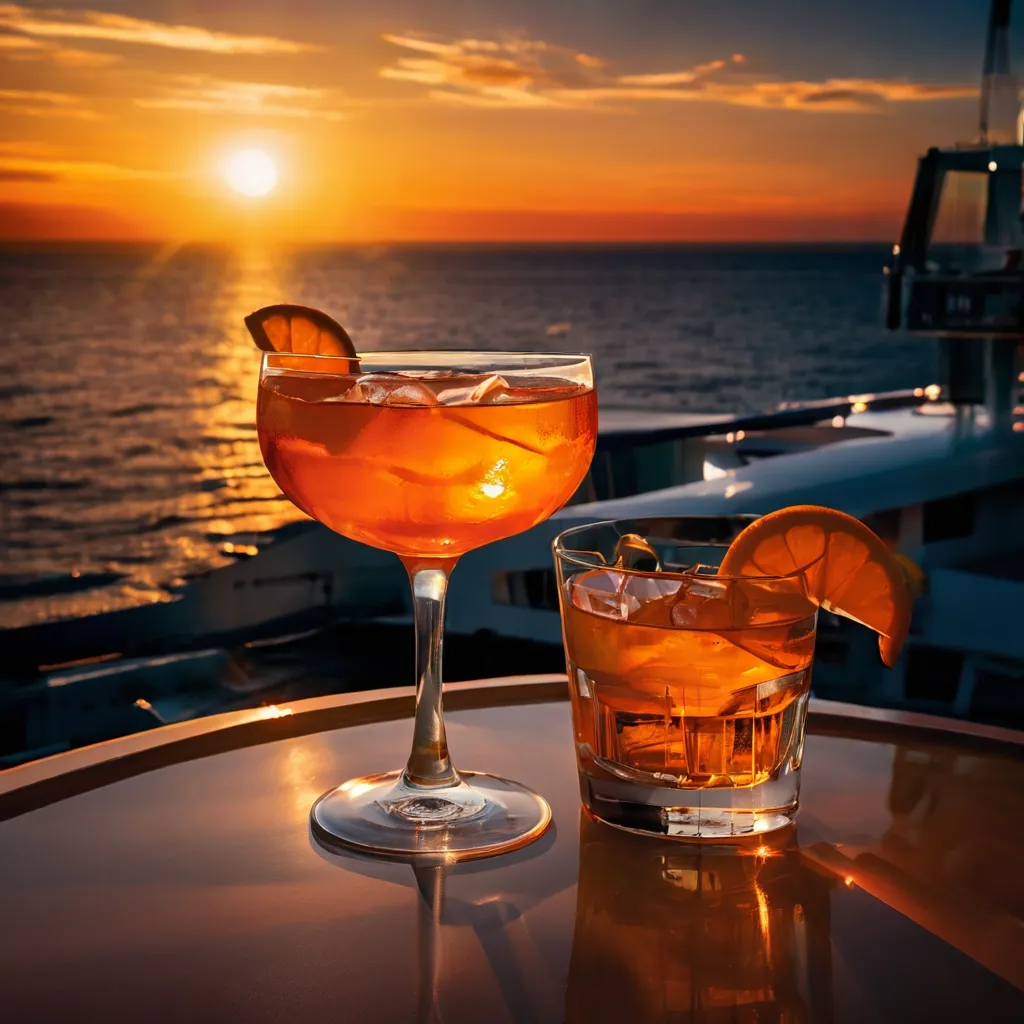 Een geïdealiseerde en glanzende foto van het dek van een cruiseschip bij zonsondergang, met een cocktailglas prominent op de voorgrond, wat de perfecte vakantie-ervaring in het Rijksmuseum symboliseert.