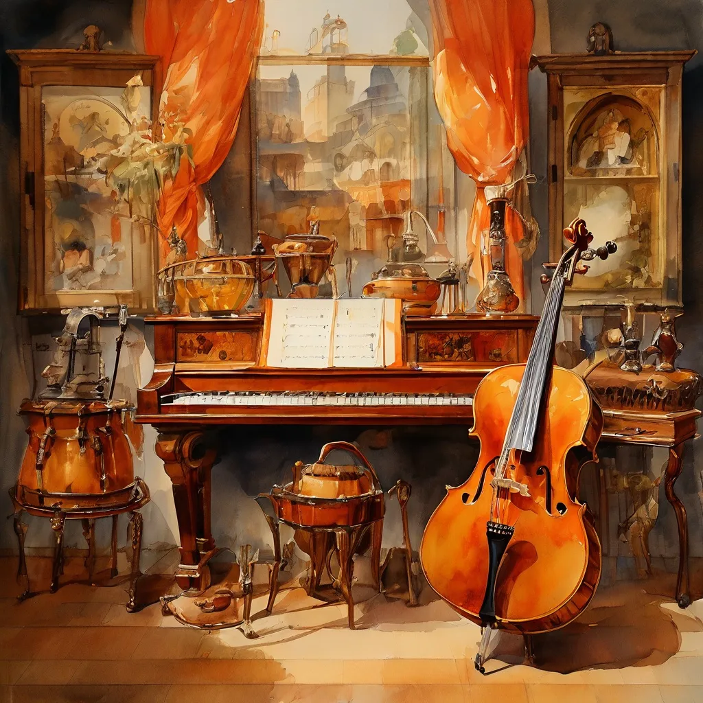 A conceptual image depicting the blend of historical musical instruments and 17th-century prints within a museum setting at the Rijksmuseum.