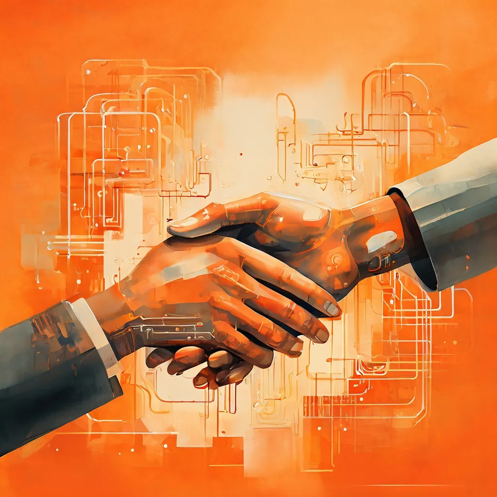 An abstract illustration symbolizing a partnership between the Rijksmuseum and Bloomberg, showing connected elements of art and technology fostering greater accessibility.