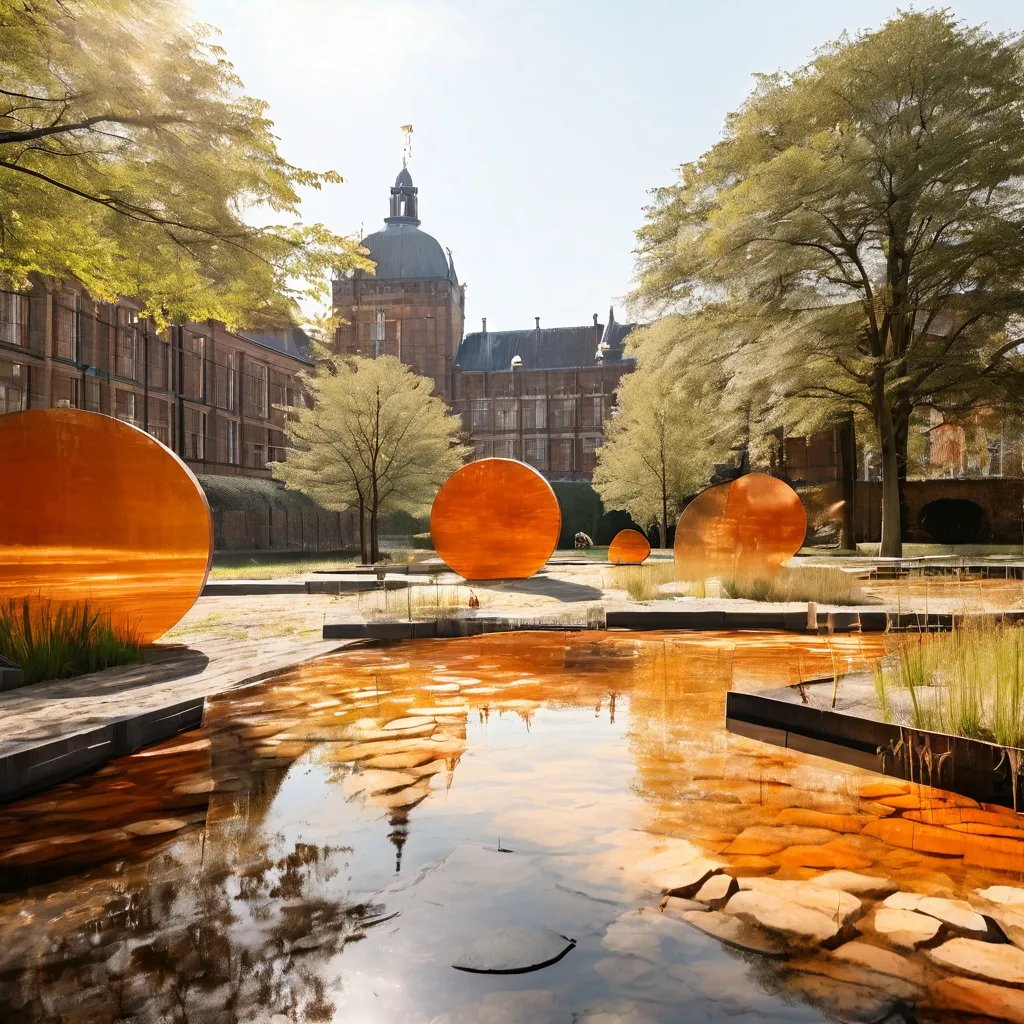Un sereno jardín de esculturas en el Rijksmuseum, que exhibe instalaciones de land art contemporáneo de Richard Long entre exuberante vegetación, con la arquitectura del museo al fondo.