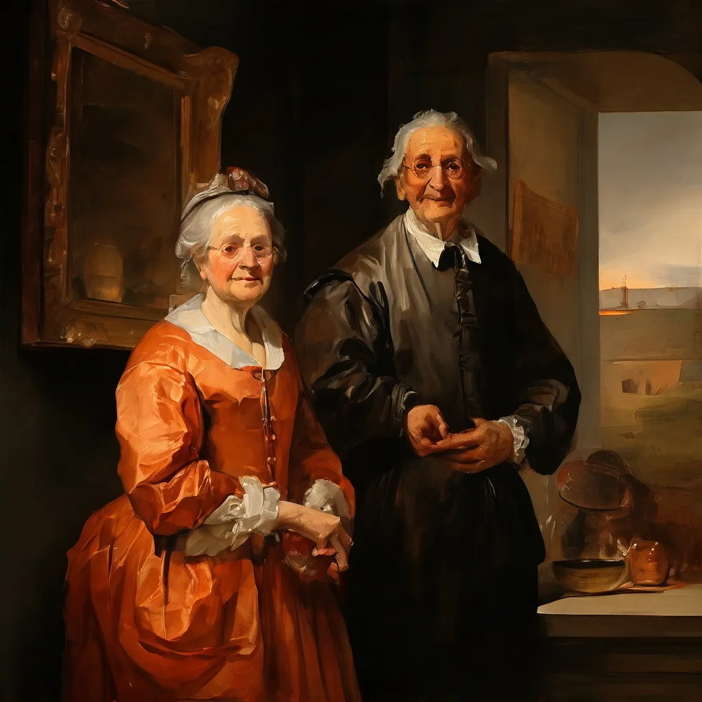 Two small, oval-shaped 17th-century oil portraits of an elderly Dutch couple, attributed to Rembrandt, displayed in a gallery at the Rijksmuseum.