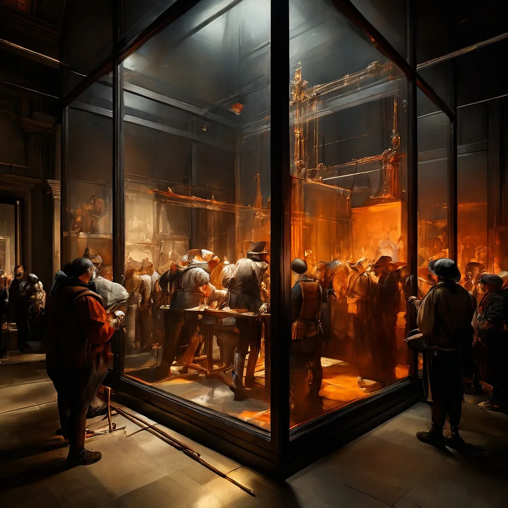 Een detailopname van Rembrandts schilderij 'De Nachtwacht' dat in het Rijksmuseum nauwgezet wordt ontdaan van vernis en gerestaureerd binnen een transparante glazen ruimte, waarbij het gedetailleerde werk van conservatoren wordt benadrukt.