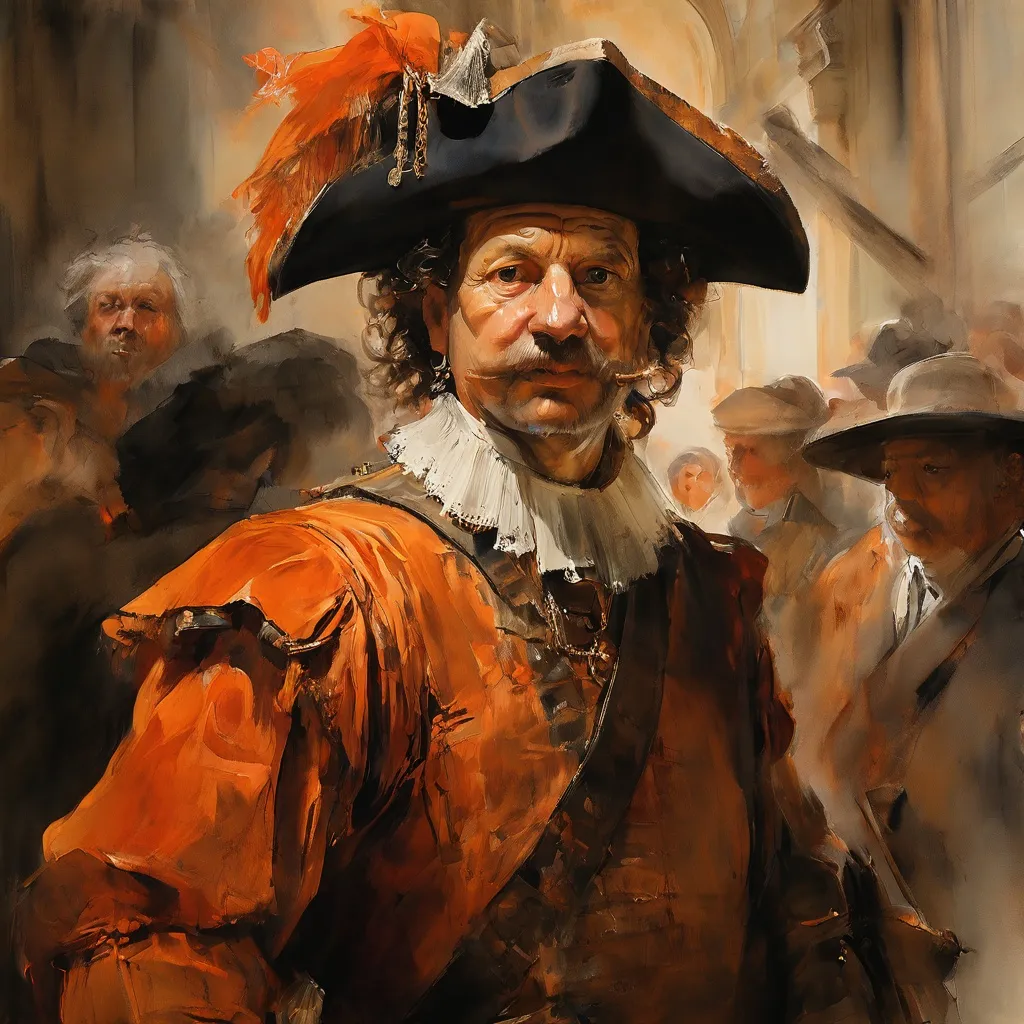 Szczegółowy widok obrazu Rembrandta „Chorąży”, ukazujący misterną fakturę stroju postaci i wyzywające spojrzenie, prezentowany w wielkiej Galerii Honorowej w Rijksmuseum.