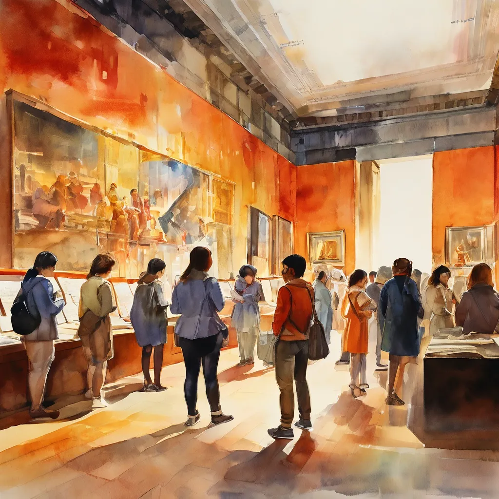 A diverse group of people engaging with historical artifacts and art in a museum hall, symbolizing the Rijksmuseum's commitment to exploring underrepresented histories and fostering inclusivity.