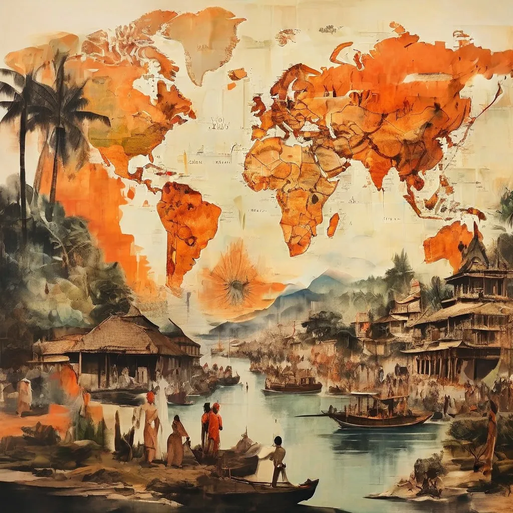Una imagen conceptual que representa la Revolución Indonesia, con una mezcla de artefactos históricos, obras de arte y elementos documentales que evocan la lucha por la independencia y el despertar nacional.
