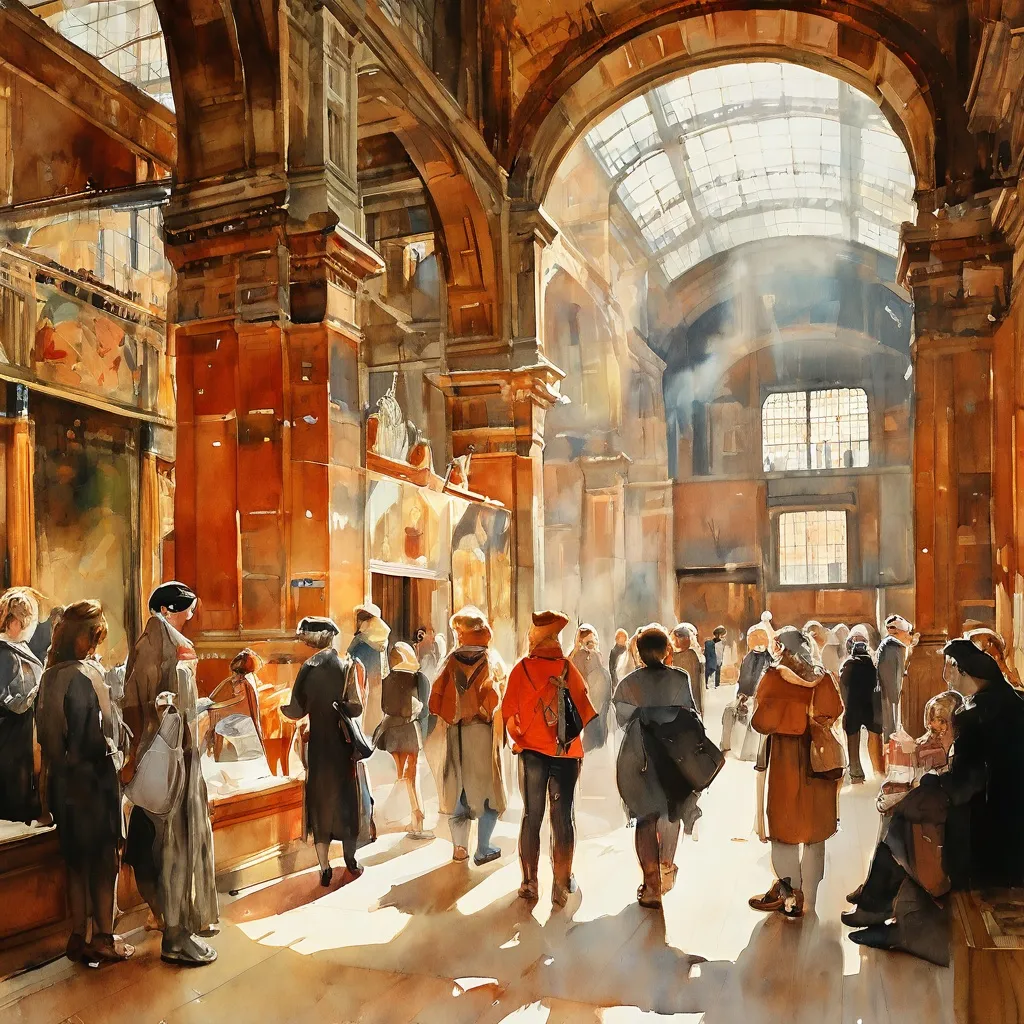 El Rijksmuseum en Ámsterdam, representado con una atmósfera cálida y acogedora, mostrando diversos grupos de visitantes de todas las edades interactuando con arte y exposiciones históricas.
