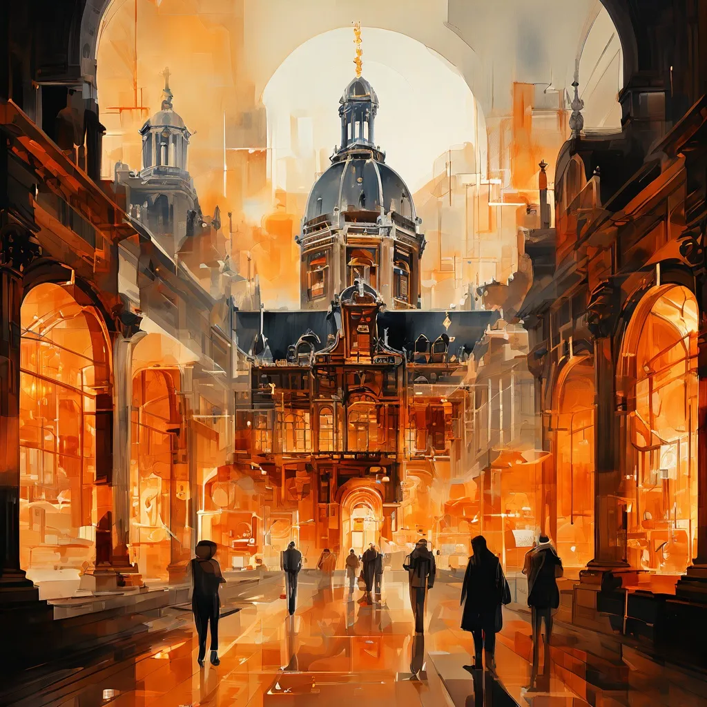 Koncepcyjna wizualizacja kolekcji cyfrowej Rijksmuseum, ukazująca połączone dzieła sztuki holenderskiej i artefakty historyczne renderowane przy użyciu zaawansowanej technologii, symbolizujące globalną dostępność.